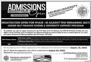 Admission notice for Mehran University Of Engineering & Technology, Jamshoro
